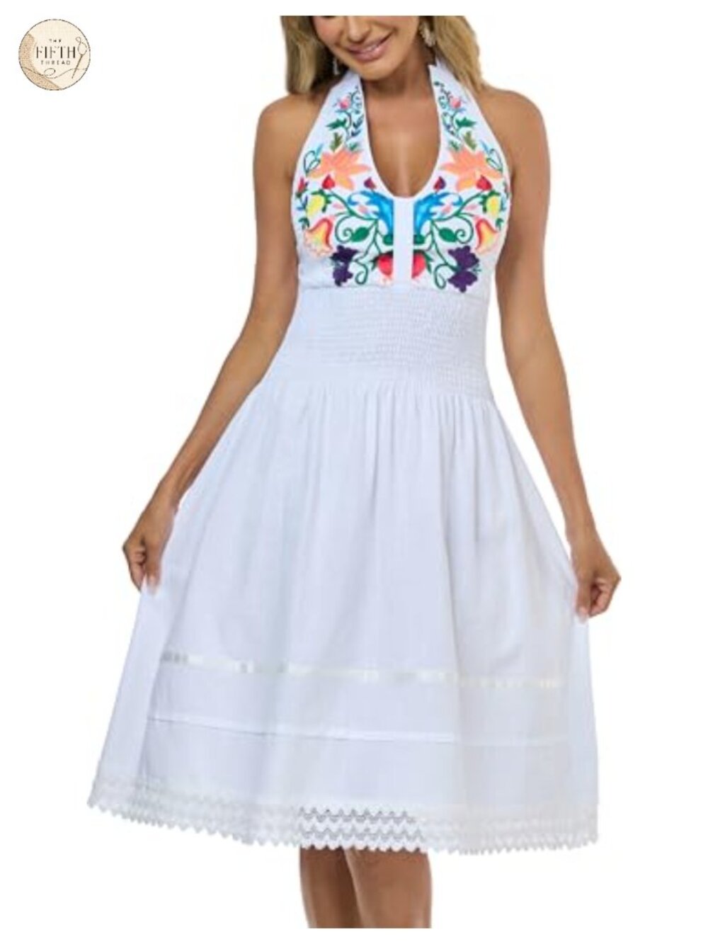 Mexican Floral Embroidered Halter Maxi Dress Side Slit Cotton Boho